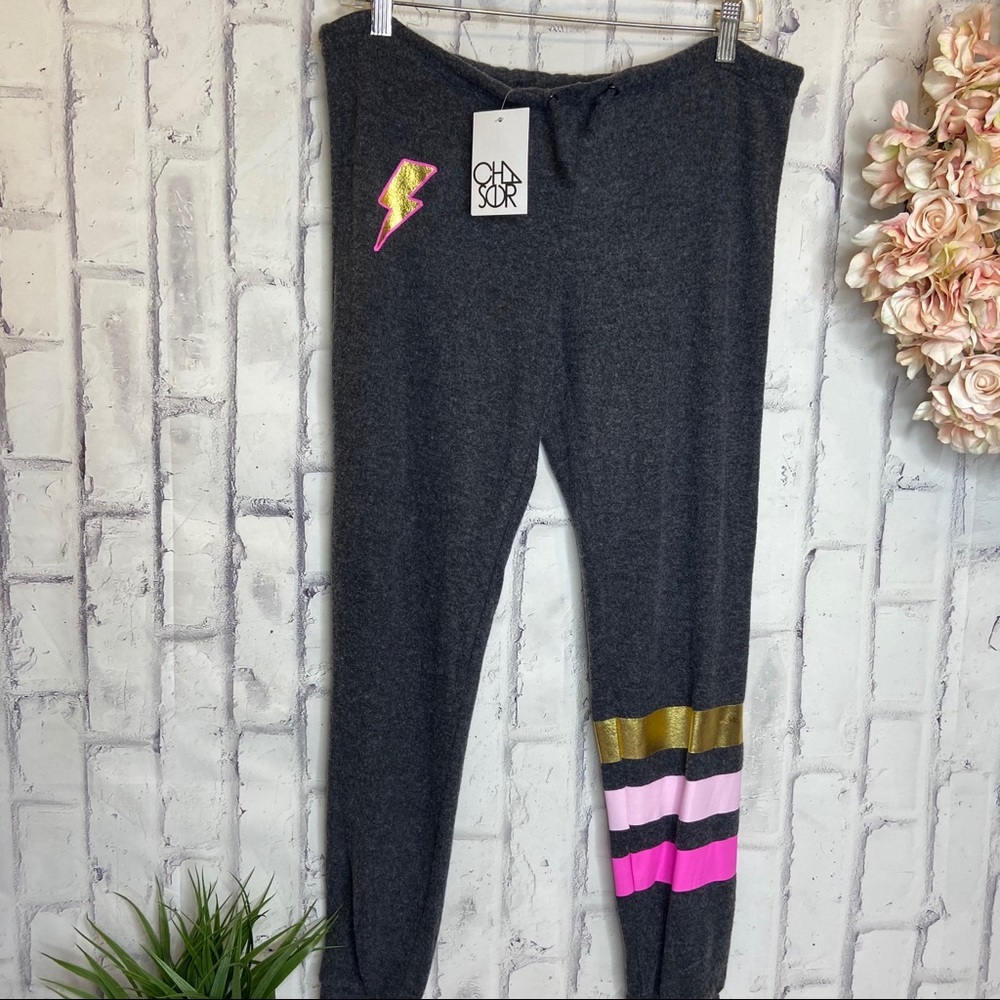 NWT Chaser gray gold metallic color stripes jogger